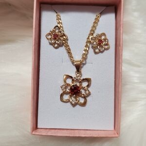 Elegant Gold and Red Flower Jewelry Set